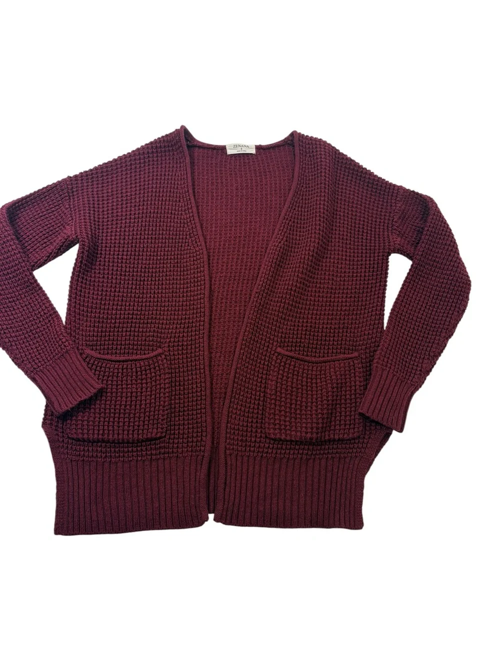 Zenana Open-Front Chunky Knit Cozy Layering Cardigan Burgundy Front Pockets SzS
